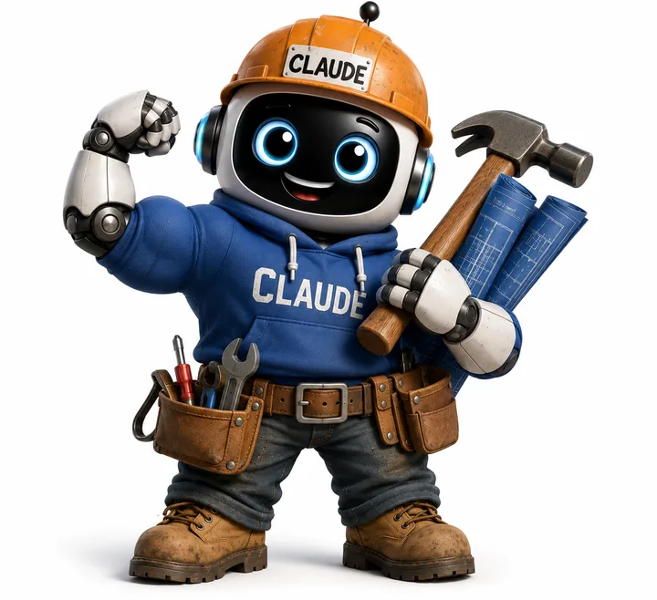 Claude as the Builder — a friendly robot in a hard hat and tool belt, holding a hammer and blueprints