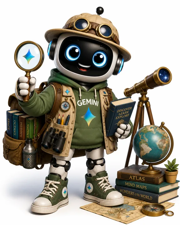 Gemini as the Explorer — a friendly robot in safari gear with a magnifying glass, globe, and telescope