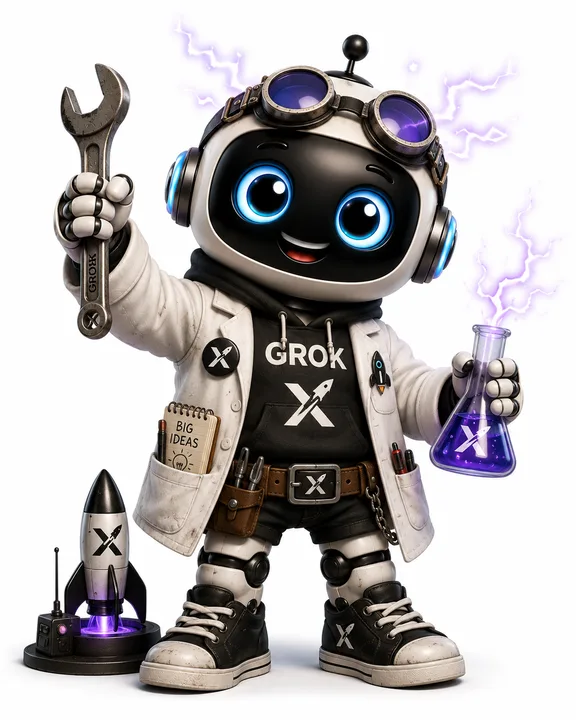 Grok as the Inventor — a friendly robot in a lab coat with goggles, holding a wrench and a glowing beaker beside a rocket