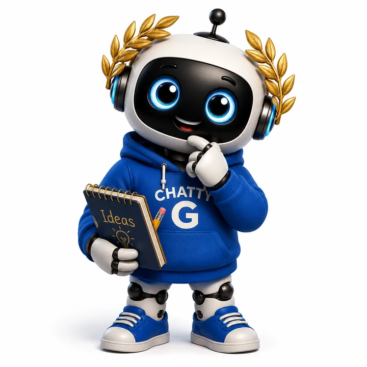 ChattyG as the Thinker — a friendly robot in a blue hoodie with a laurel wreath, holding an Ideas notebook
